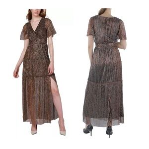 Black Tape Women's M Brown V-Neck Chiffon Leg Slit Surplice Tiered Maxi Dress
